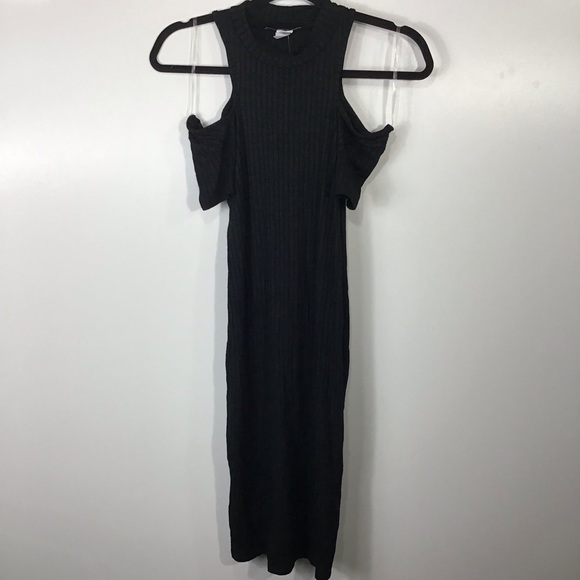 Black High Neck Ribbed Cold Shoulder MIDI Pencil Dress~S - Picture 5 of 9